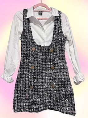 SHEIN Black & White Tweed Button-Front Pinafore Dress